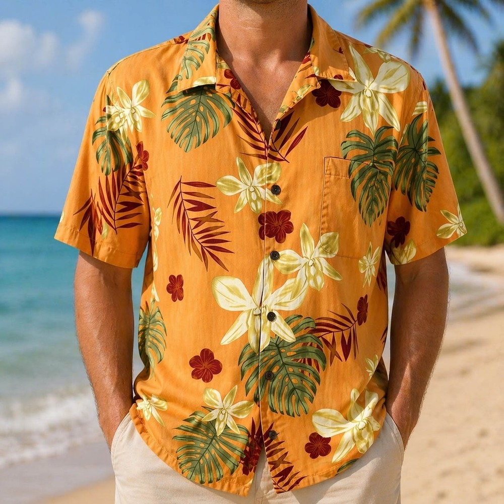 Tommy Bahama Hawaiian Aloha Shirt Large Plumeria Flowers Orange Yellow Silk
